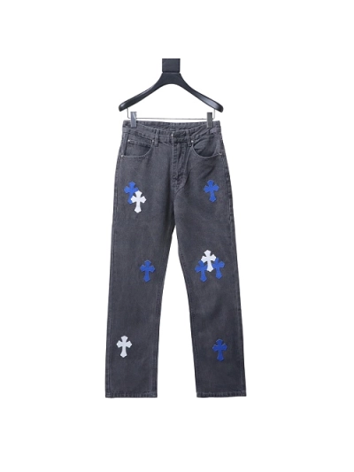 Chrome Hearts back Sanskrit cross-stitch leather denim long pants4 01