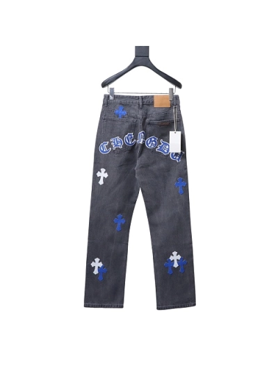 Chrome Hearts back Sanskrit cross-stitch leather denim long pants4 02