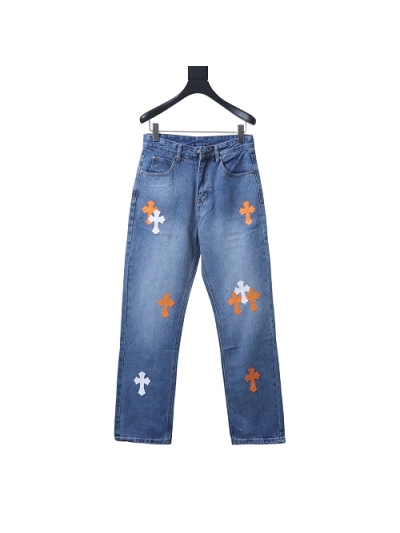 Chrome Hearts back Sanskrit cross-stitch leather denim long pants6 01