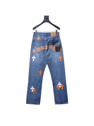 Chrome Hearts back Sanskrit cross-stitch leather denim long pants6 02