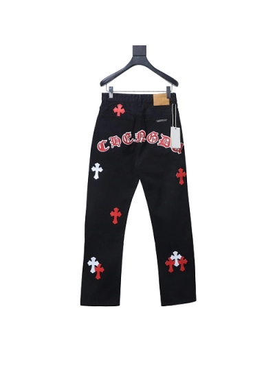 Chrome Hearts back Sanskrit cross-stitch leather denim long pants7 02