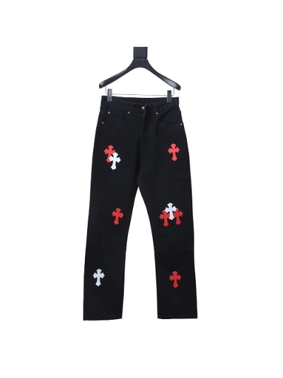 Chrome Hearts back Sanskrit cross-stitch leather denim long pants7 01