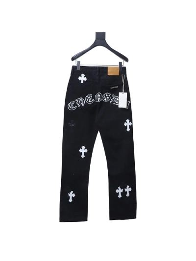Chrome Hearts back Sanskrit cross-stitch leather denim long pants8 02