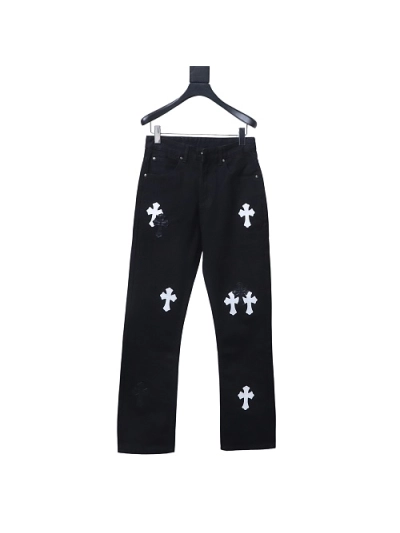 Chrome Hearts back Sanskrit cross-stitch leather denim long pants8 01