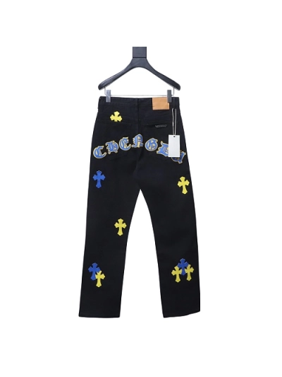 Chrome Hearts back Sanskrit cross-stitch leather denim long pants9 02
