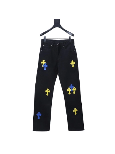 Chrome Hearts back Sanskrit cross-stitch leather denim long pants9 01