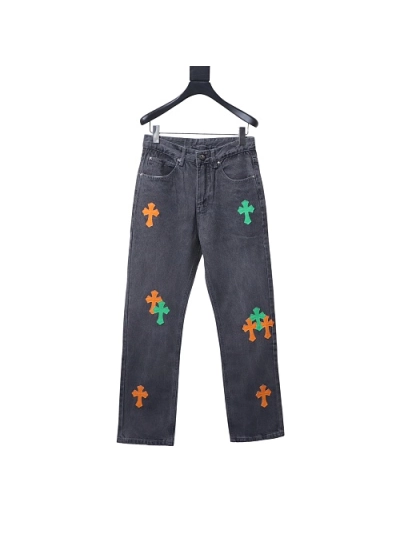 Chrome Hearts back Sanskrit cross-stitch leather denim long pants 02