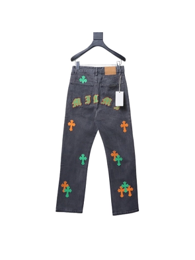 Chrome Hearts back Sanskrit cross-stitch leather denim long pants 01