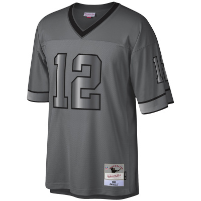 Men's Buffalo Bills Jim Kelly Mitchell & Ness Charcoal 1990 Retired Player Metal Legacy Jersey 01