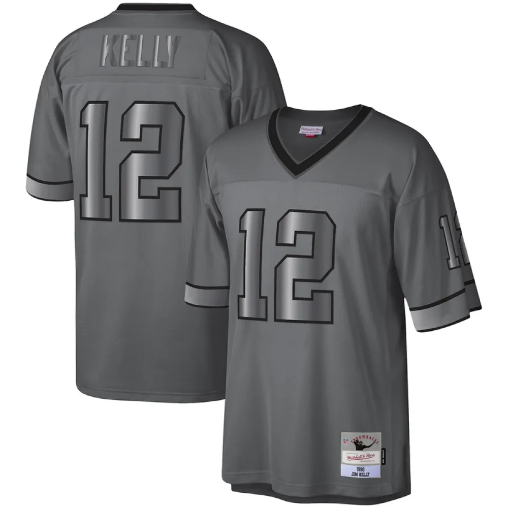 Men's Buffalo Bills Jim Kelly Mitchell & Ness Charcoal 1990 Retired Player Metal Legacy Jersey