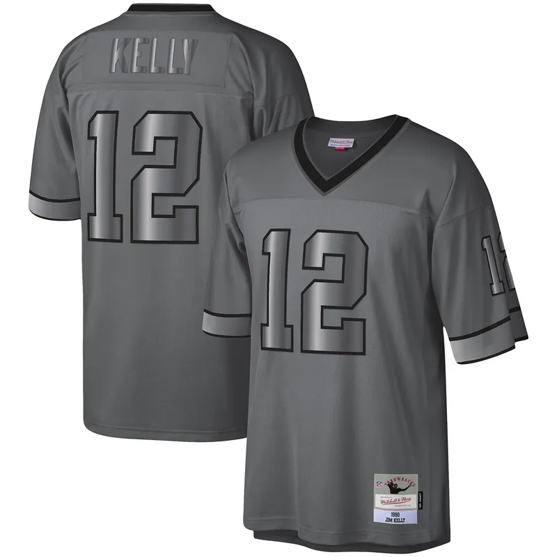 Men's Buffalo Bills Jim Kelly Mitchell & Ness Charcoal 1990 Retired Player Metal Legacy Jersey