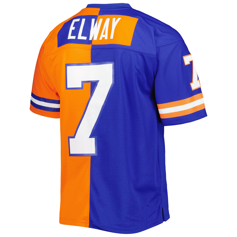 Men's Denver Broncos John Elway Mitchell & Ness RoyalOrange 1990 Split Legacy Replica Jersey