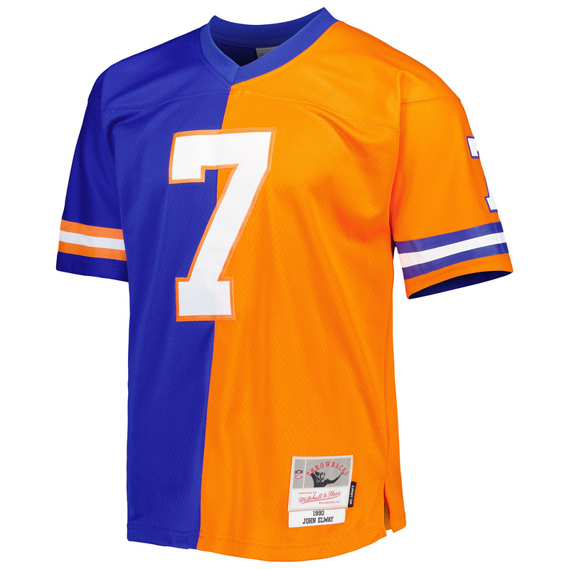 Men's Denver Broncos John Elway Mitchell & Ness RoyalOrange 1990 Split Legacy Replica Jersey