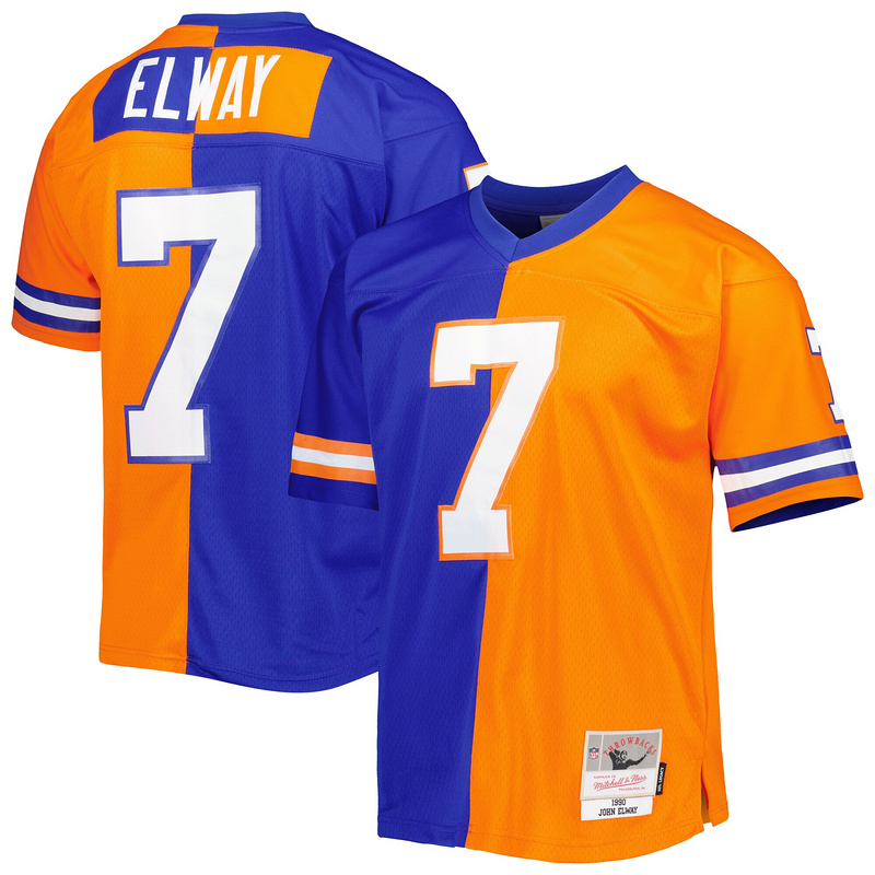 Men's Denver Broncos John Elway Mitchell & Ness RoyalOrange 1990 Split Legacy Replica Jersey