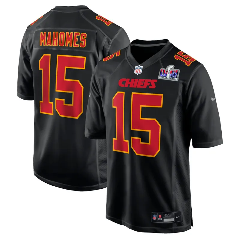 Men's Chiefs Patrick Mahomes Nike Black Super Bowl LVIII Carbon Fashion Game Player Jersey