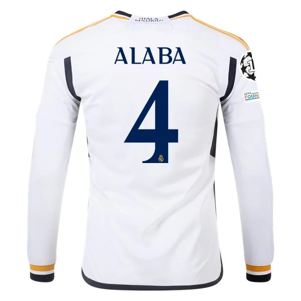 Men's Replica Adidas Alaba Real Madrid Long Sleeve Home Jersey 2324