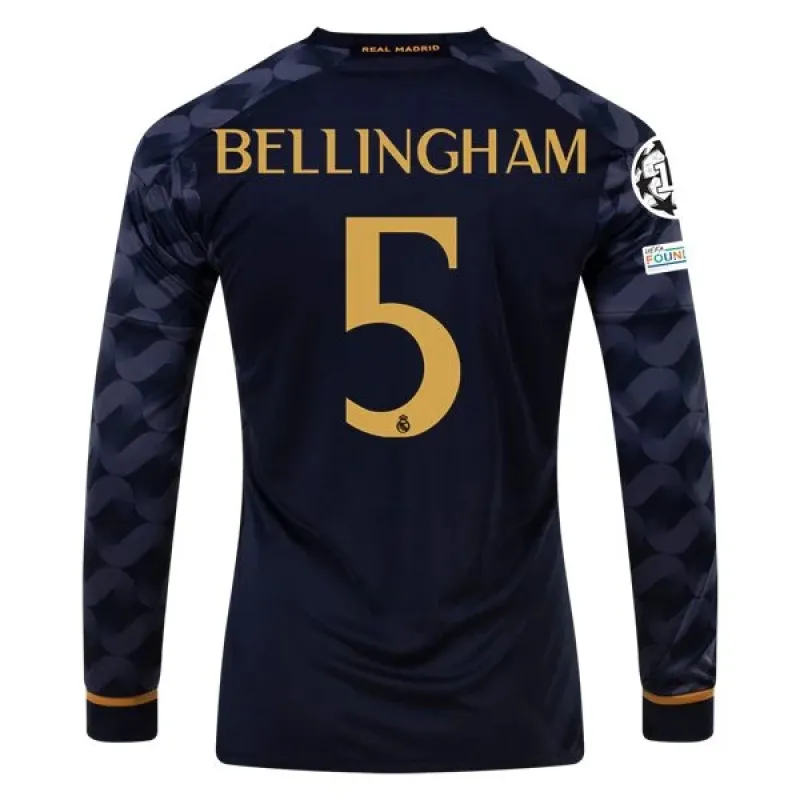 Men's Replica Adidas Bellingham Real Madrid Long Sleeve Away Jersey 2324
