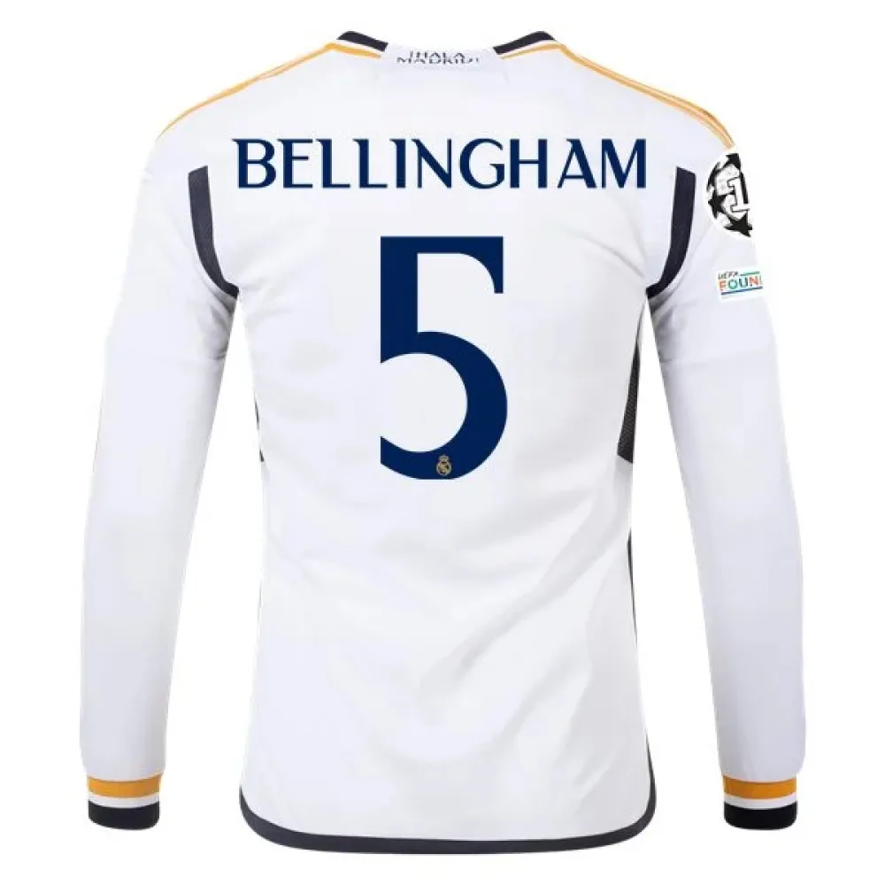 Men's Replica Adidas Bellingham Real Madrid Long Sleeve Home Jersey 2324