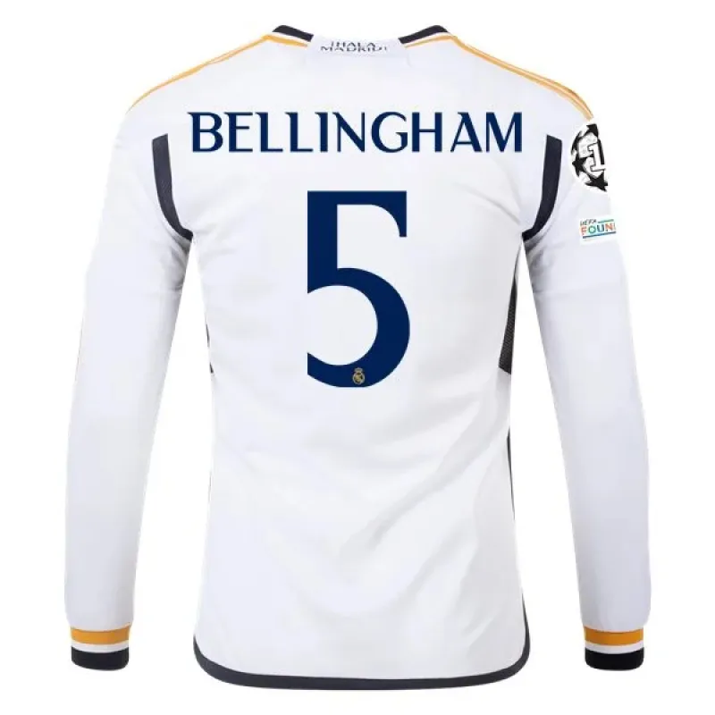 Men's Replica Adidas Bellingham Real Madrid Long Sleeve Home Jersey 2324