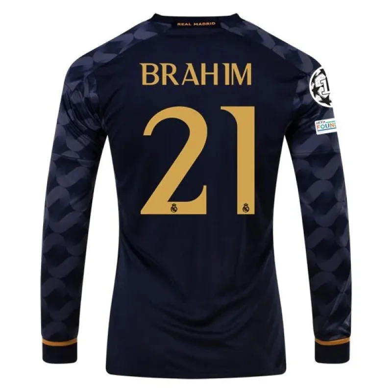 Men's Replica Adidas Brahim Real Madrid Long Sleeve Away Jersey 2324
