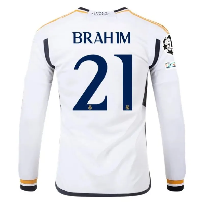 Men's Replica Adidas Brahim Real Madrid Long Sleeve Home Jersey 2324