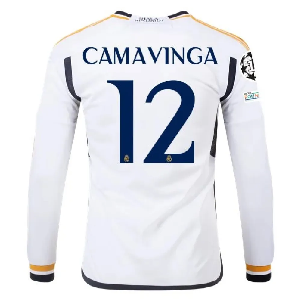 Men's Replica Adidas Camavinga Real Madrid Long Sleeve Home Jersey 2324