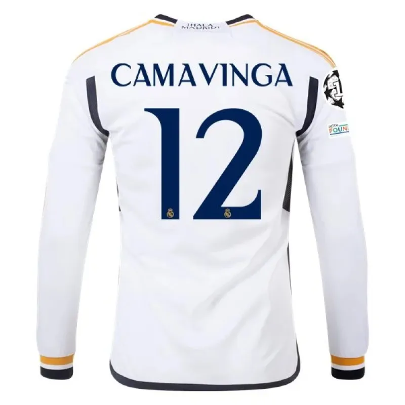 Men's Replica Adidas Camavinga Real Madrid Long Sleeve Home Jersey 2324