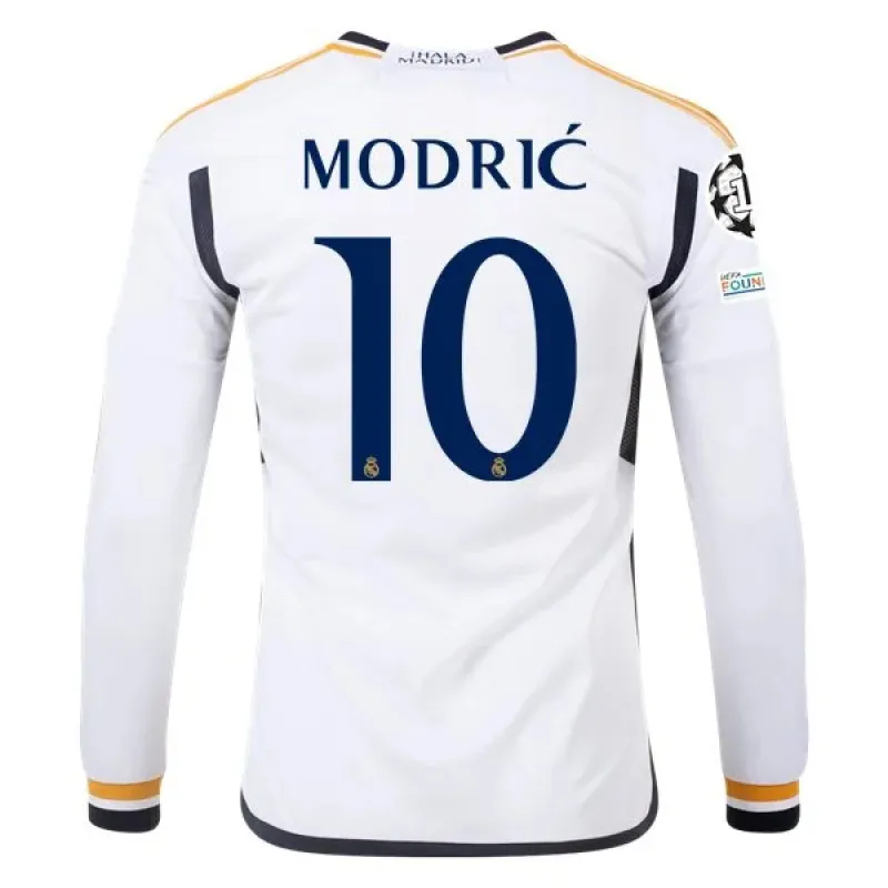 Men's Replica Adidas Modric Real Madrid Long Sleeve Home Jersey 2324