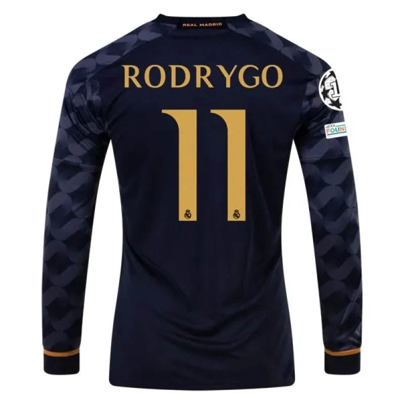 Men's Replica Adidas Rodrygo Real Madrid Long Sleeve Away Jersey 2324