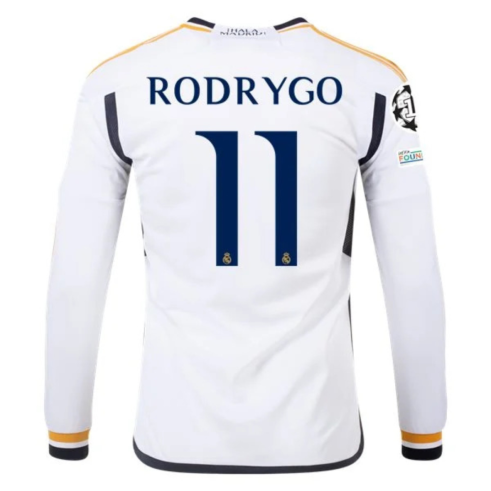 Men's Replica Adidas Rodrygo Real Madrid Long Sleeve Home Jersey 2324