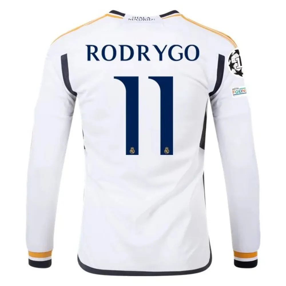 Men's Replica Adidas Rodrygo Real Madrid Long Sleeve Home Jersey 2324