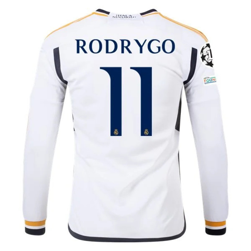 Men's Replica Adidas Rodrygo Real Madrid Long Sleeve Home Jersey 2324