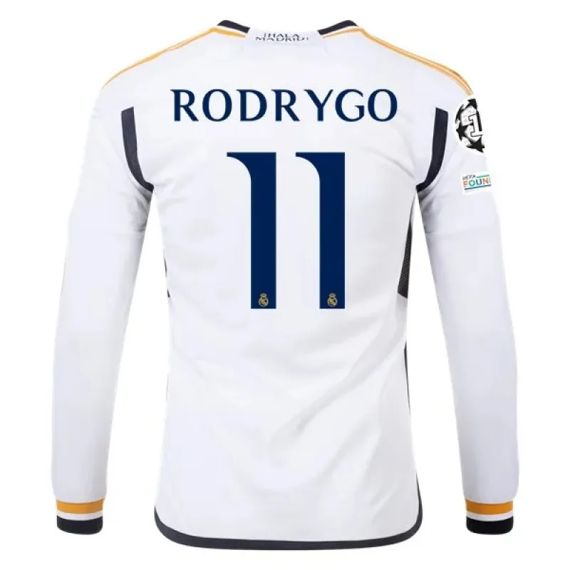 Men's Replica Adidas Rodrygo Real Madrid Long Sleeve Home Jersey 2324
