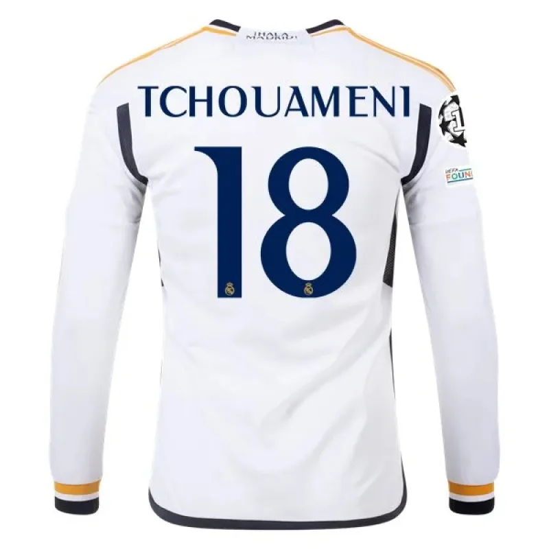 Men's Replica Adidas Tchouameni Real Madrid Long Sleeve Home Jersey 2324
