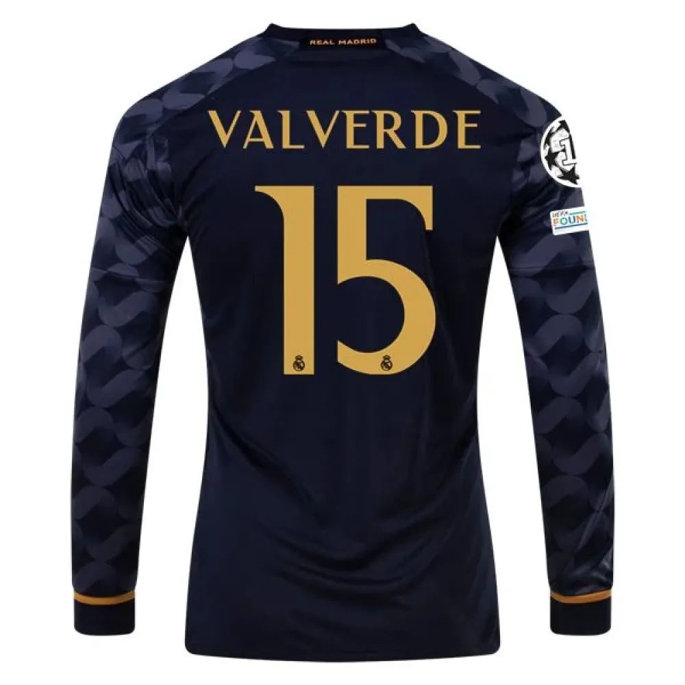 Men's Replica Adidas Valverde Real Madrid Long Sleeve Home Jersey 2324