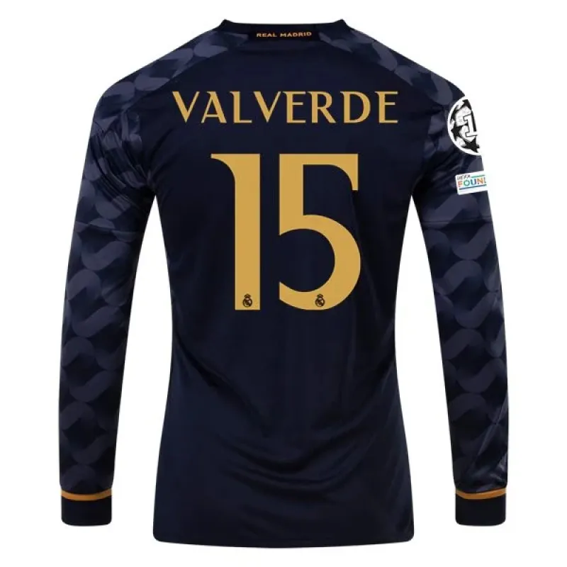 Men's Replica Adidas Valverde Real Madrid Long Sleeve Home Jersey 2324