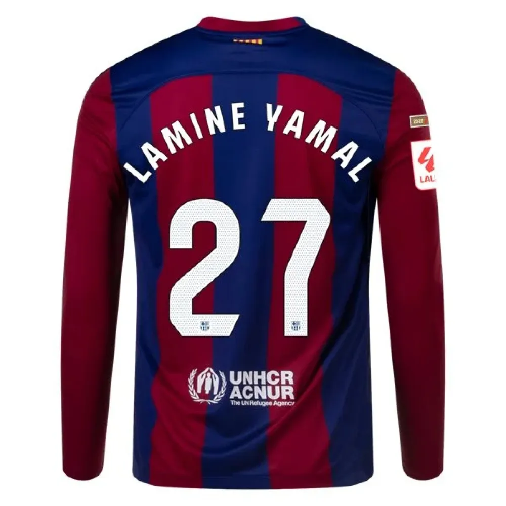 Men's Replica Nike Lamine Yamal Barcelona Long Sleeve Home Jersey 2324