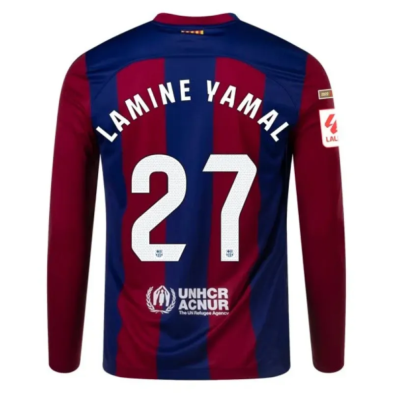 Men's Replica Nike Lamine Yamal Barcelona Long Sleeve Home Jersey 2324