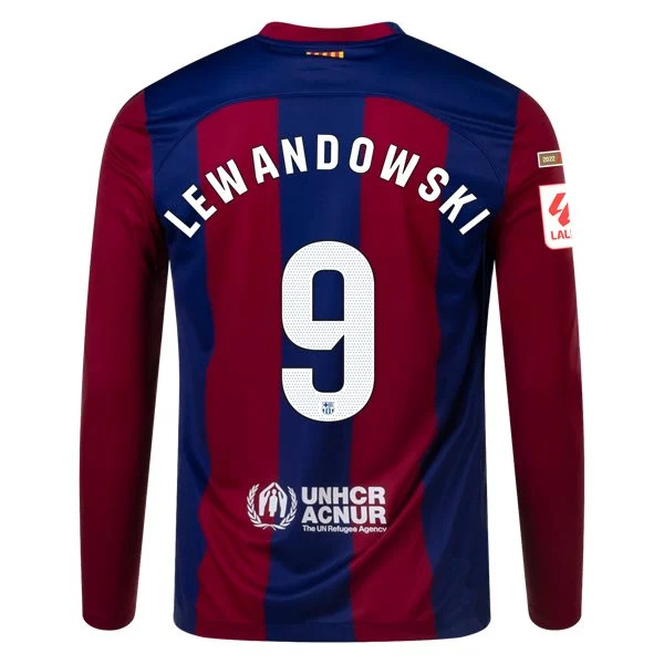 Men's Replica Nike Lewandowski Barcelona Long Sleeve Home Jersey 2324