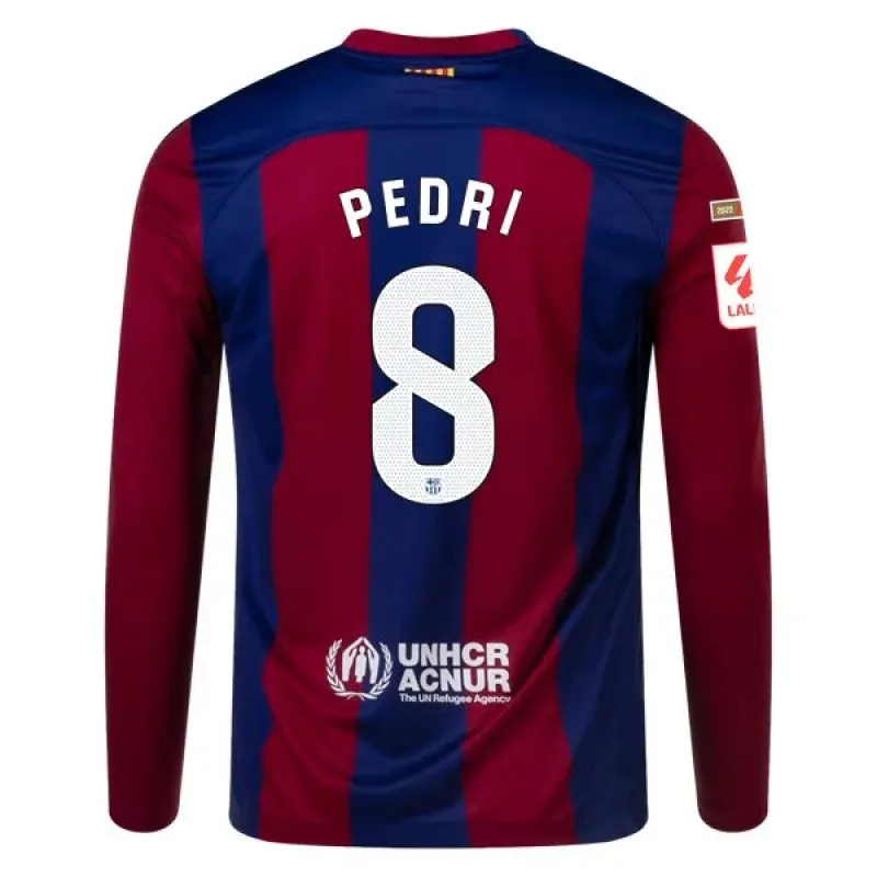 Men's Replica Nike Pedri Barcelona Long Sleeve Home Jersey 2324