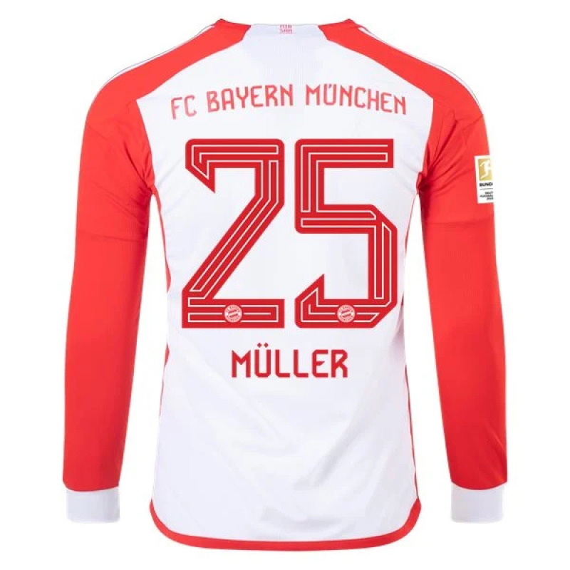 Men's Replica Adidas Muller Bayern Munich Long Sleeve Home Jersey 2324