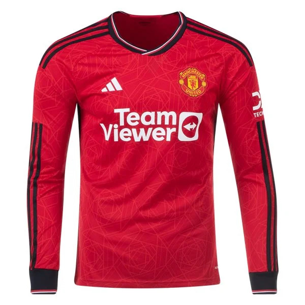 Men's Replica Adidas Manchester United Long Sleeve Home Jersey 2324 - UCL
