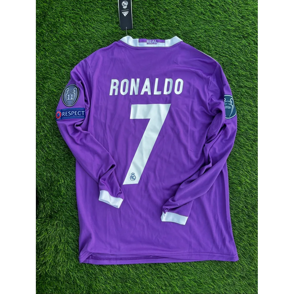 Ronaldo #7 Purple Real Madrid 2016-2017 UEFA Long Sleeve Soccer Jersey Large