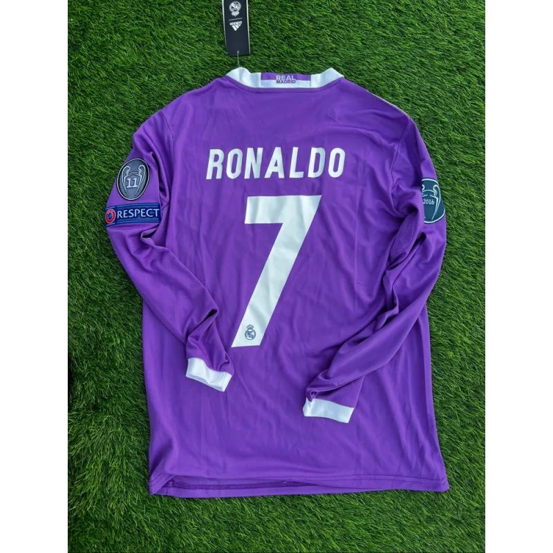Ronaldo #7 Purple Real Madrid 2016-2017 UEFA Long Sleeve Soccer Jersey Large