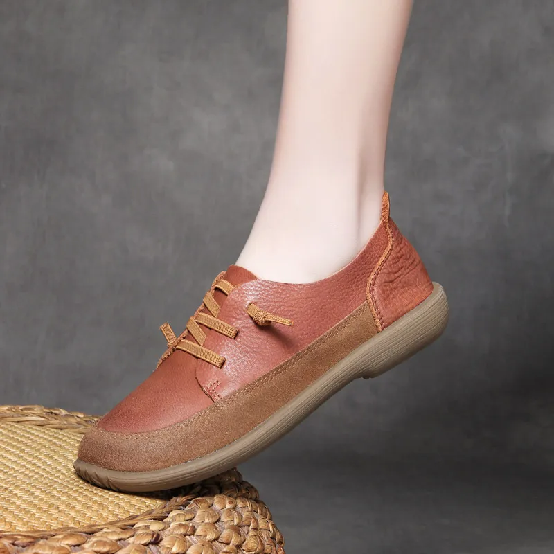 Jishu 2024 head layer cowhide casual lace-up women's shoes
