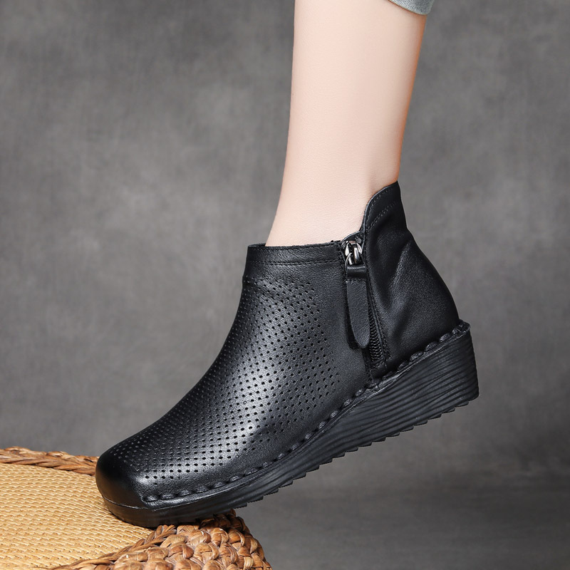 Ji Shu 24 spring and summer head layer cowhide perforated single boots