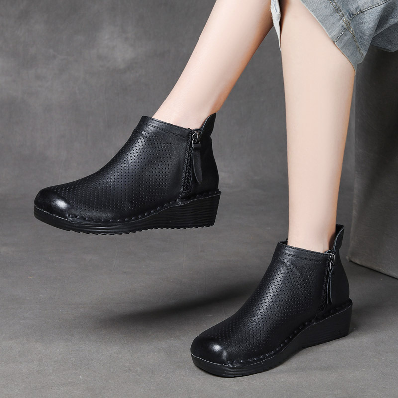 Ji Shu 24 spring and summer head layer cowhide perforated single boots