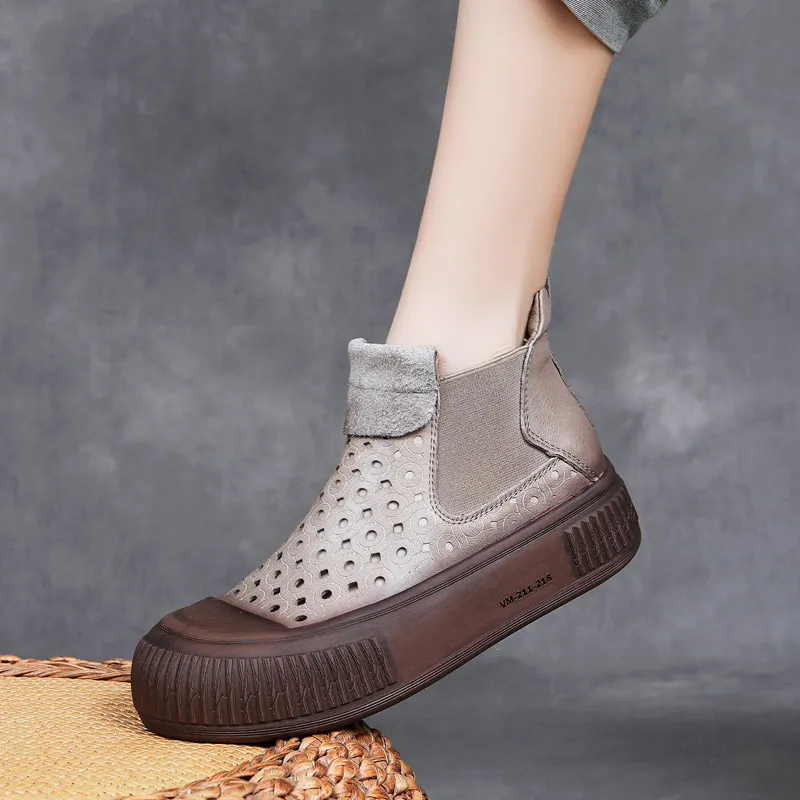 Ji Shu 24 spring and summer new head layer cowhide thick bottom hollow boots