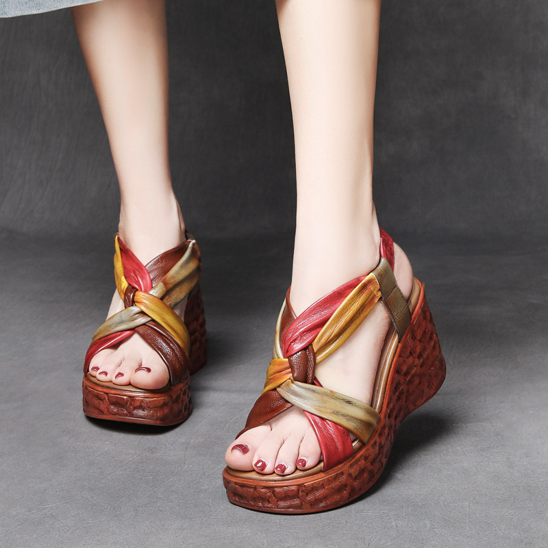 Jishu 2023 handmade retro leather color blocking leaky toe high-heeled sandals