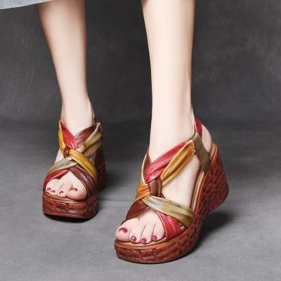 Jishu 2023 handmade retro leather color blocking leaky toe high-heeled sandals 01